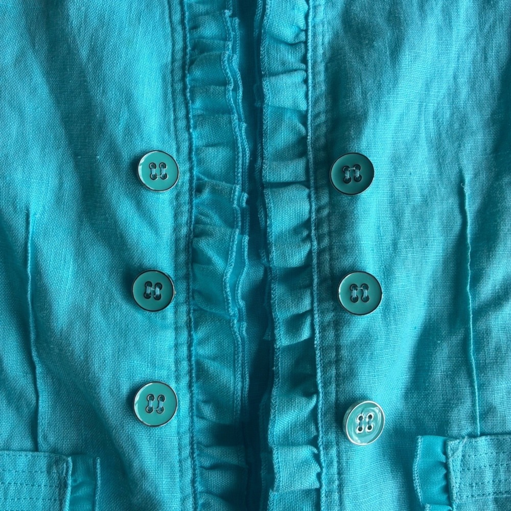 Open Coastal Grandma Open Front Linen Jacket PLg Turquoise Cottagecore BohoChic - Picture 6 of 11